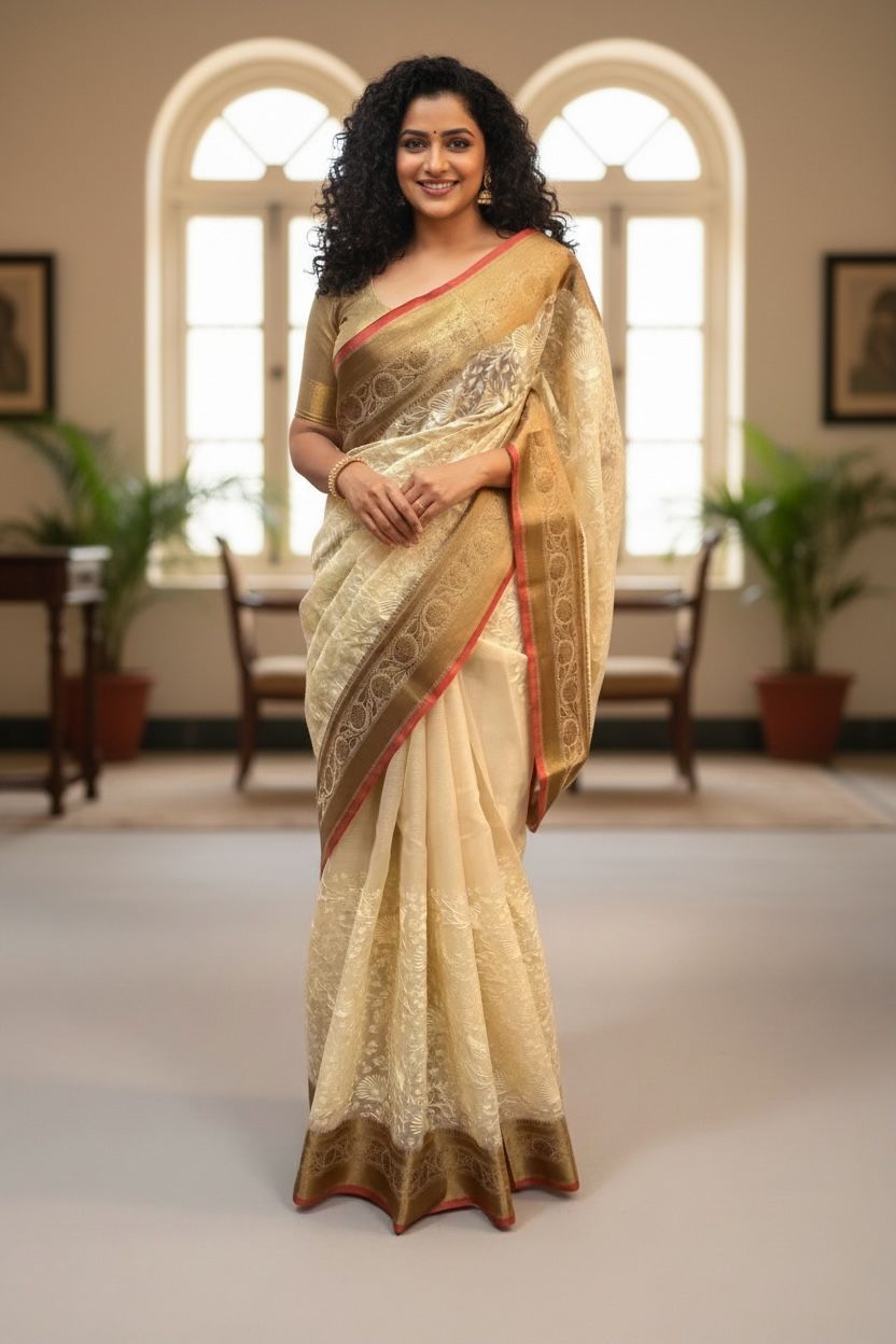 Kora Tissue natural beige Tussar saree with blouse piece