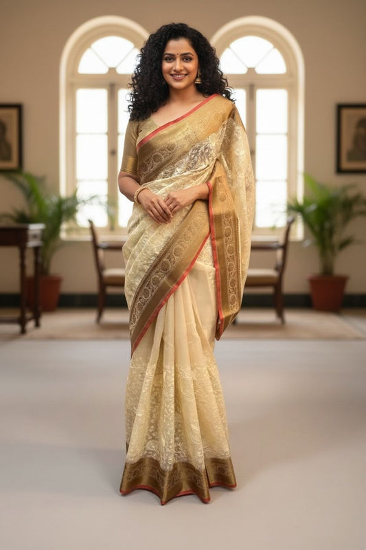 Kora Tissue natural beige Tussar saree with blouse piece