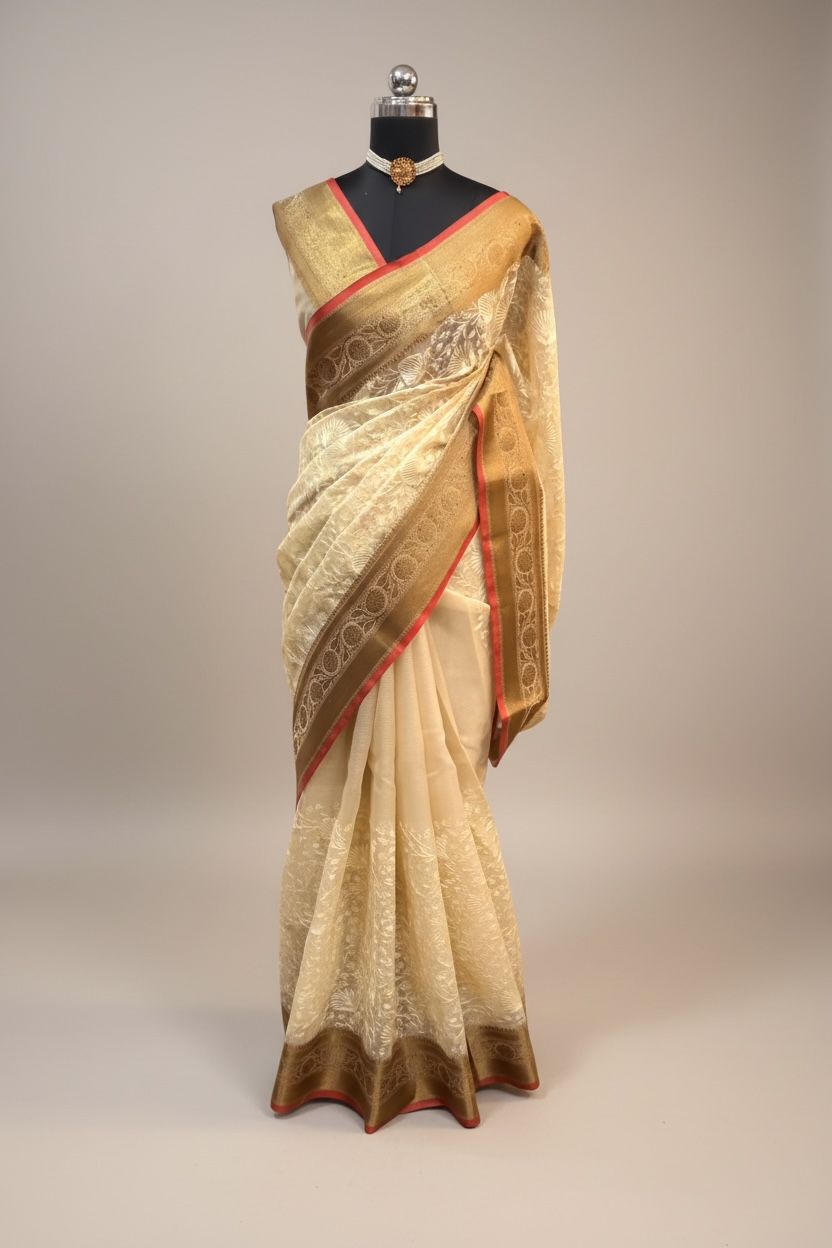 Kora Tissue natural beige Tussar saree with blouse piece