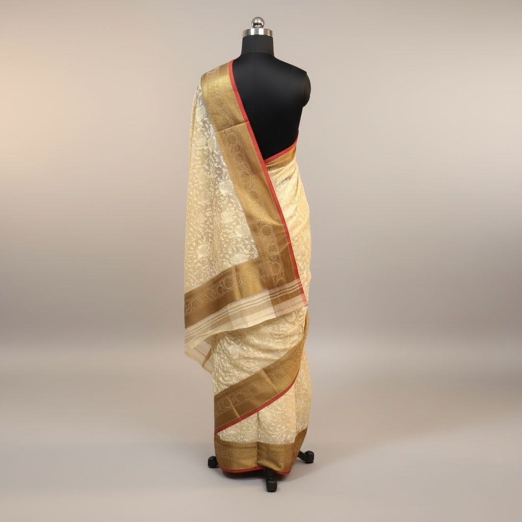 Kora Tissue natural beige Tussar saree with blouse piece