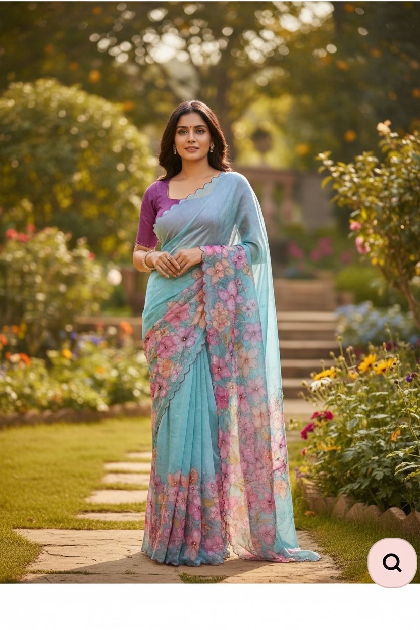 Elegant Tebby Silk Saree with Floral Prints, Diamond Work & Sequin Blouse