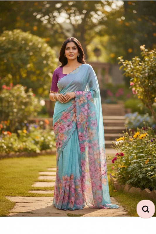 Elegant Tebby Silk Saree with Floral Prints, Diamond Work & Sequin Blouse