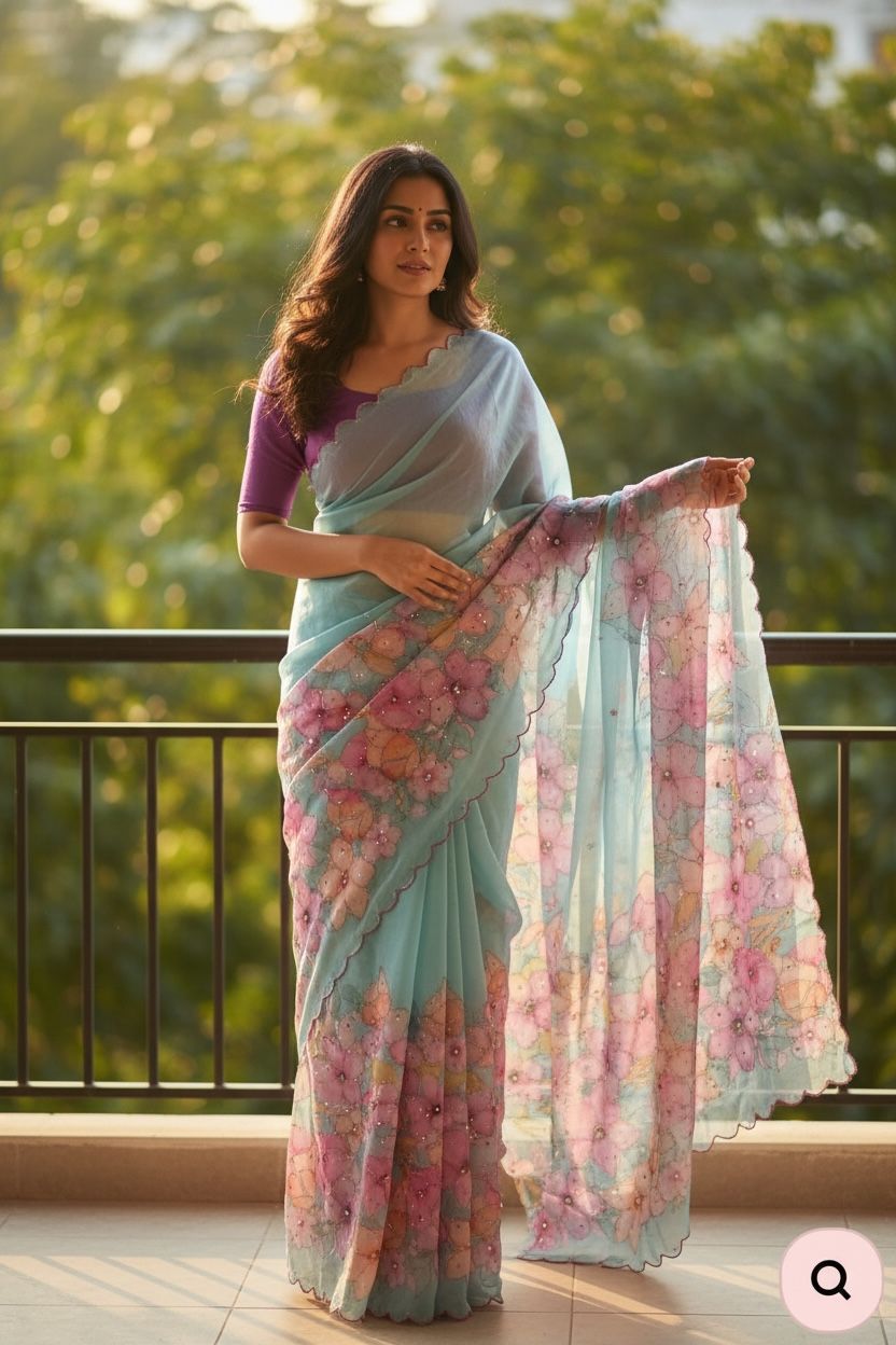 Elegant Tebby Silk Saree with Floral Prints, Diamond Work & Sequin Blouse
