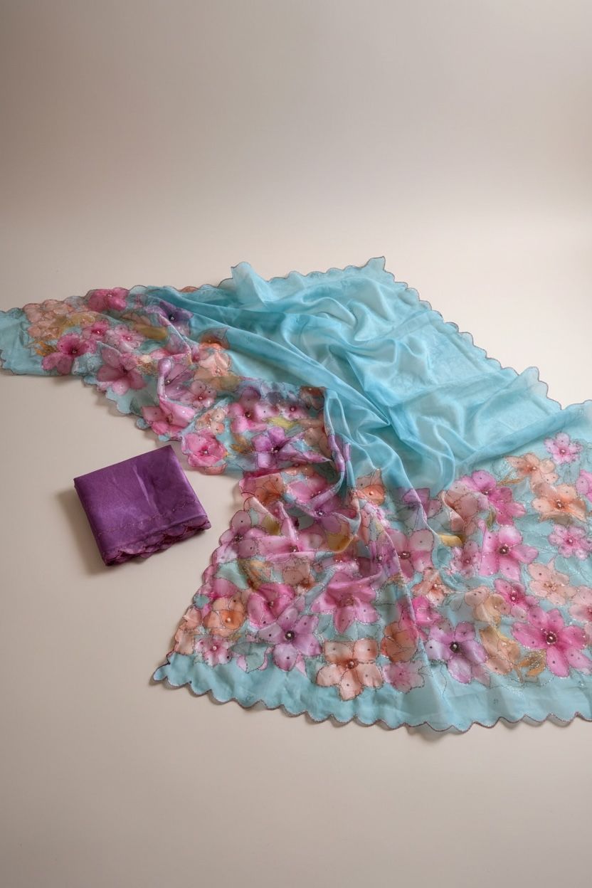 Elegant Tebby Silk Saree with Floral Prints, Diamond Work & Sequin Blouse