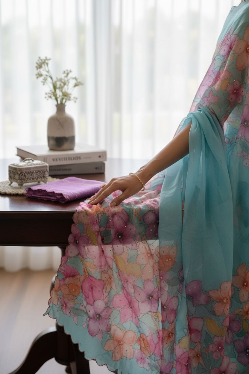 Elegant Tebby Silk Saree with Floral Prints, Diamond Work & Sequin Blouse