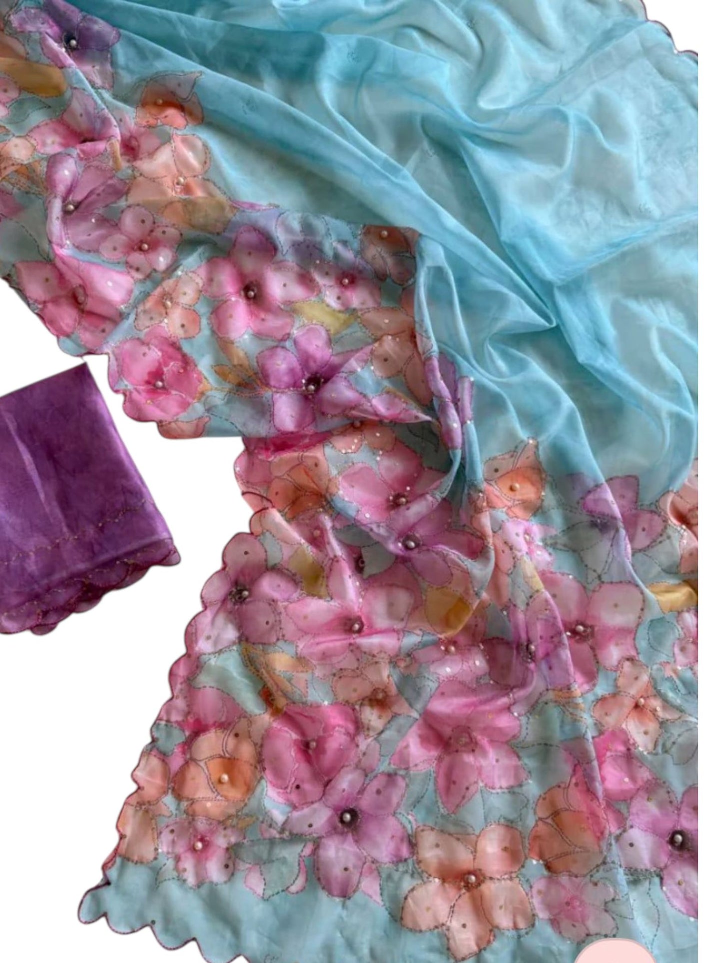 Elegant Tebby Silk Saree with Floral Prints, Diamond Work & Sequin Blouse