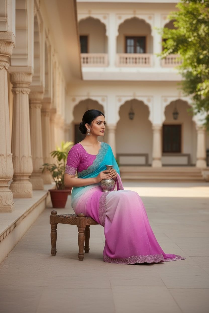 Georgette Saree with Swarovski Work & Contrast Blouse