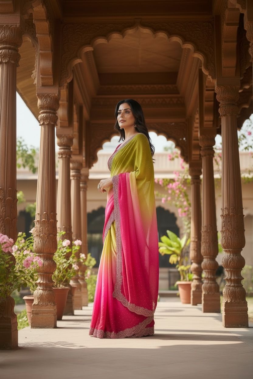 Georgette Saree with Swarovski Work & Contrast Blouse