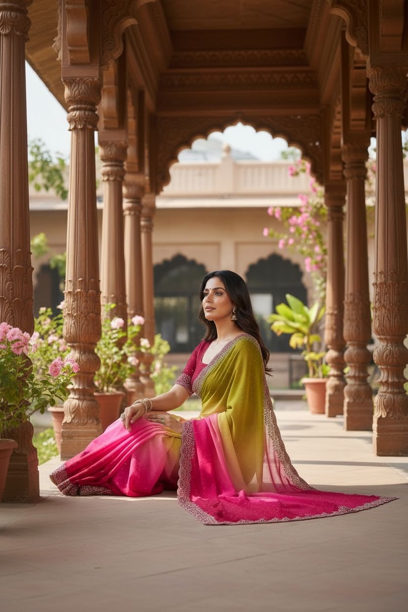 Georgette Saree with Swarovski Work & Contrast Blouse
