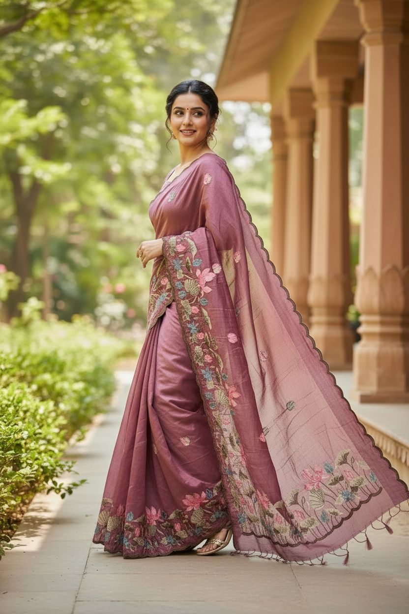 Gold Crush Saree with Embroidery & Scalloped Cutwork Border