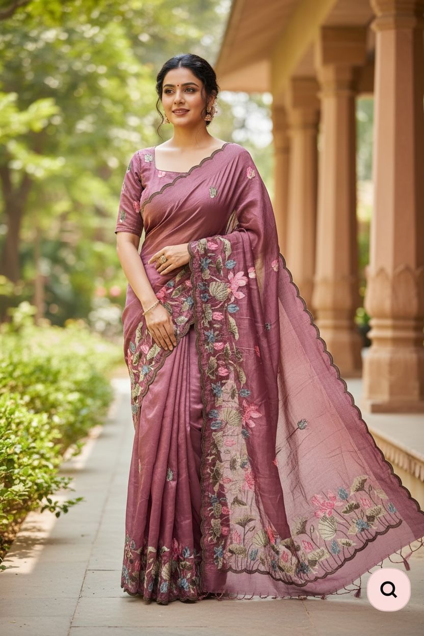 Gold Crush Saree with Embroidery & Scalloped Cutwork Border
