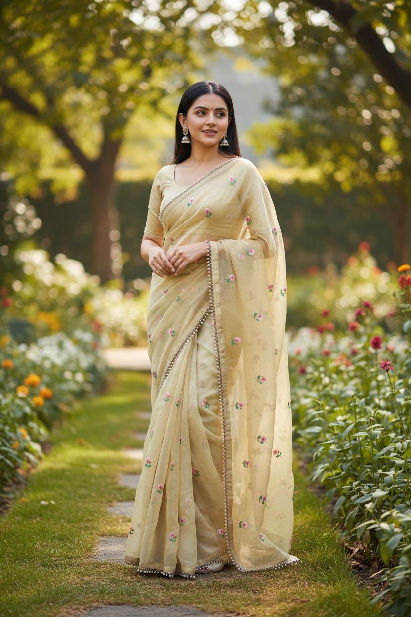 Floral Embroidered Chiffon Crush Saree with Printed Blouse Piece – Graceful & Stylish