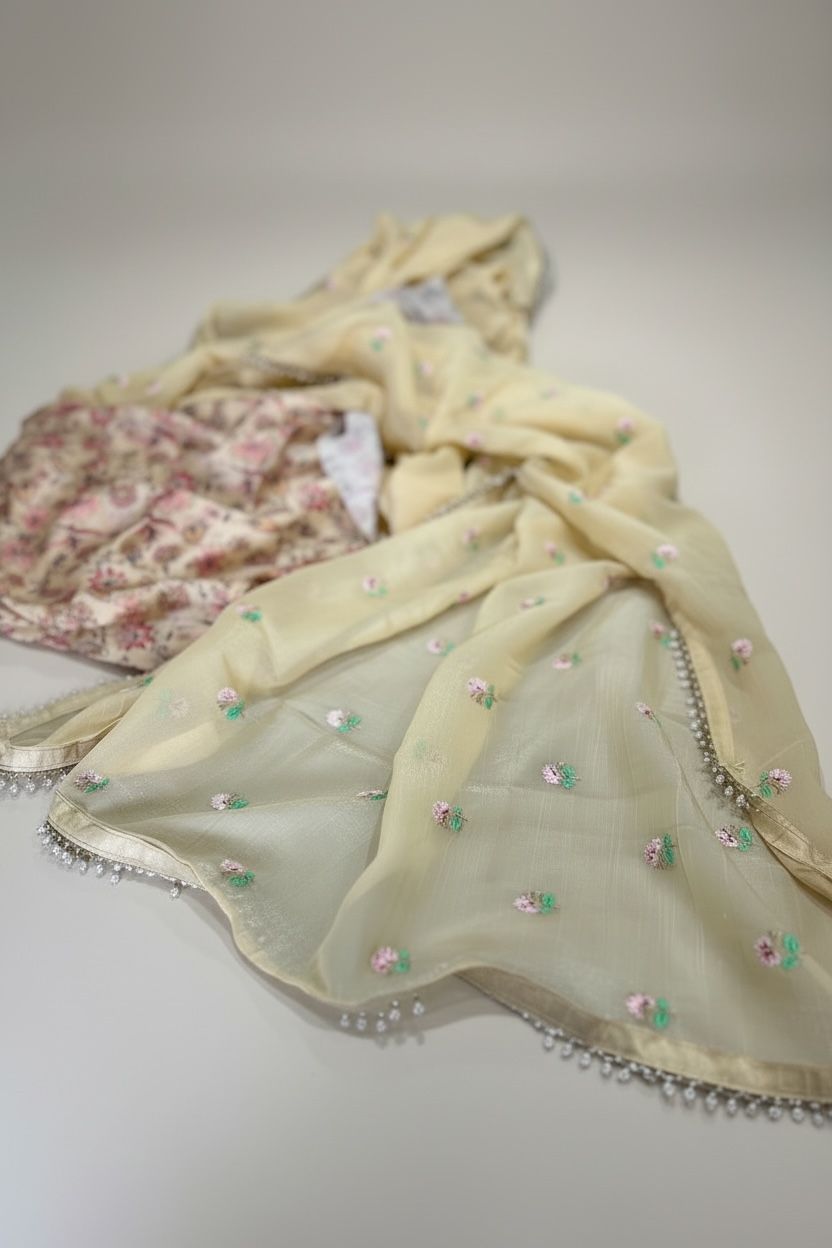 Floral Embroidered Chiffon Crush Saree with Printed Blouse Piece – Graceful & Stylish