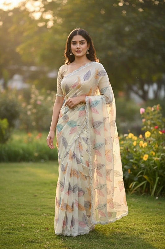 White Crush Chiffon Saree with Multi-Colour Leaf Embroidery – Light & Elegant