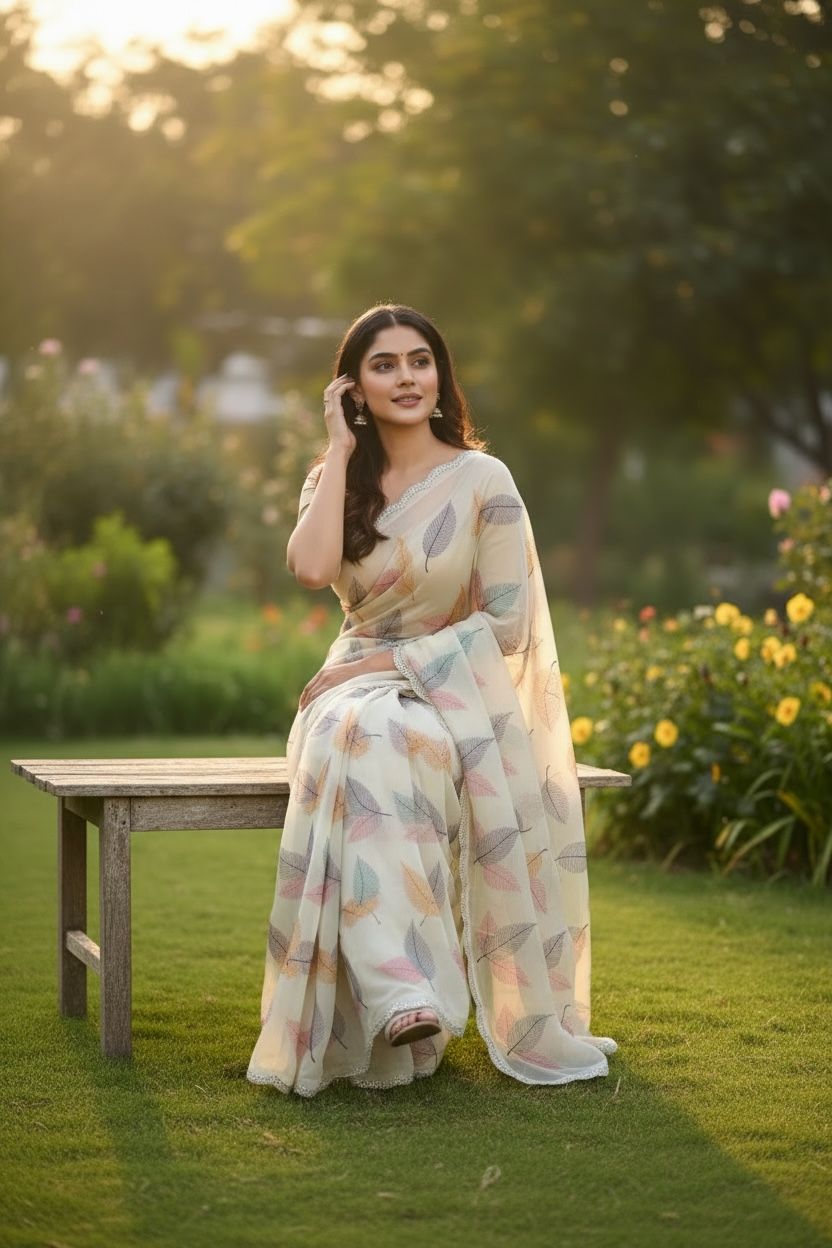 White Crush Chiffon Saree with Multi-Colour Leaf Embroidery – Light & Elegant