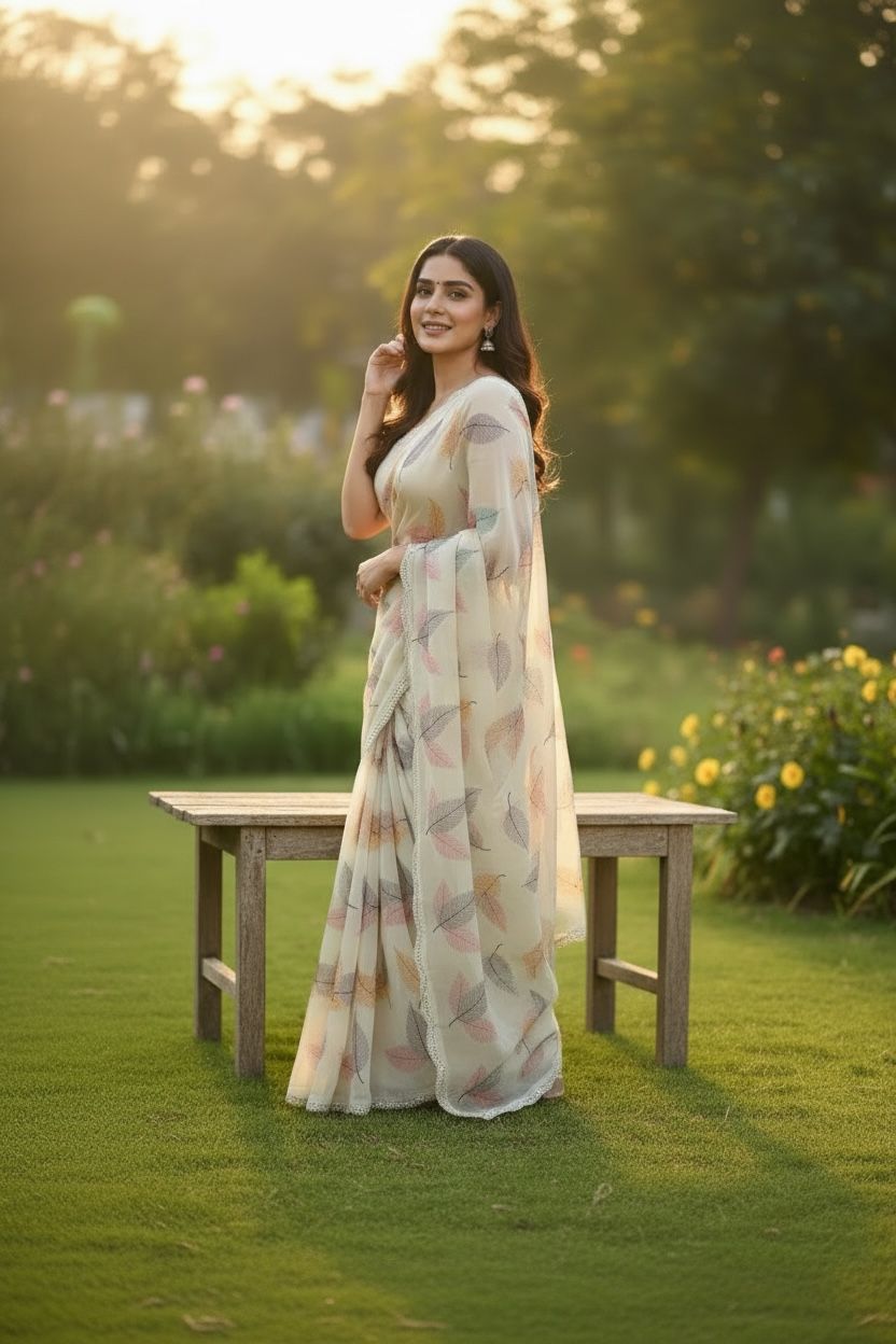 White Crush Chiffon Saree with Multi-Colour Leaf Embroidery – Light & Elegant