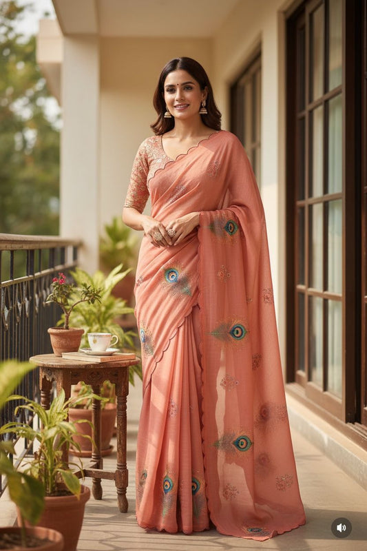 Soft Linen Peacock Feather Design Saree