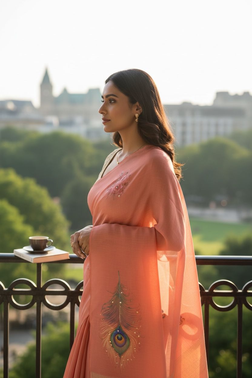 Soft Linen Peacock Feather Design Saree