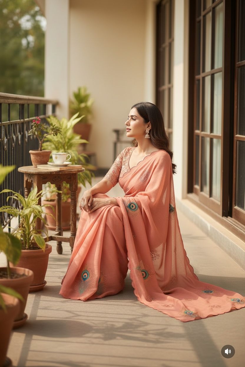 Soft Linen Peacock Feather Design Saree