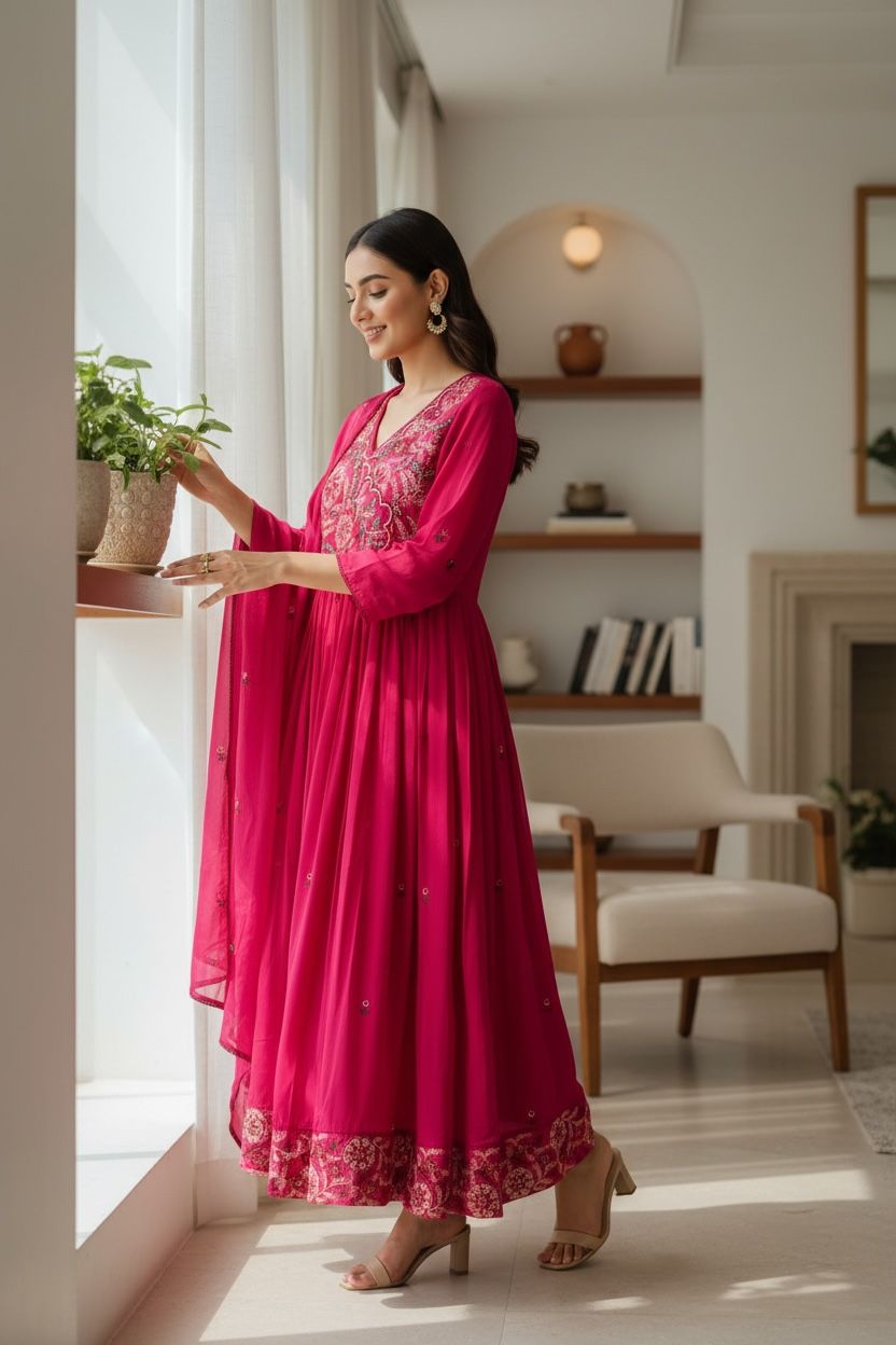 Ethereal Rani Pink Mul Cotton Anarkali Set with Elegant Dupatta