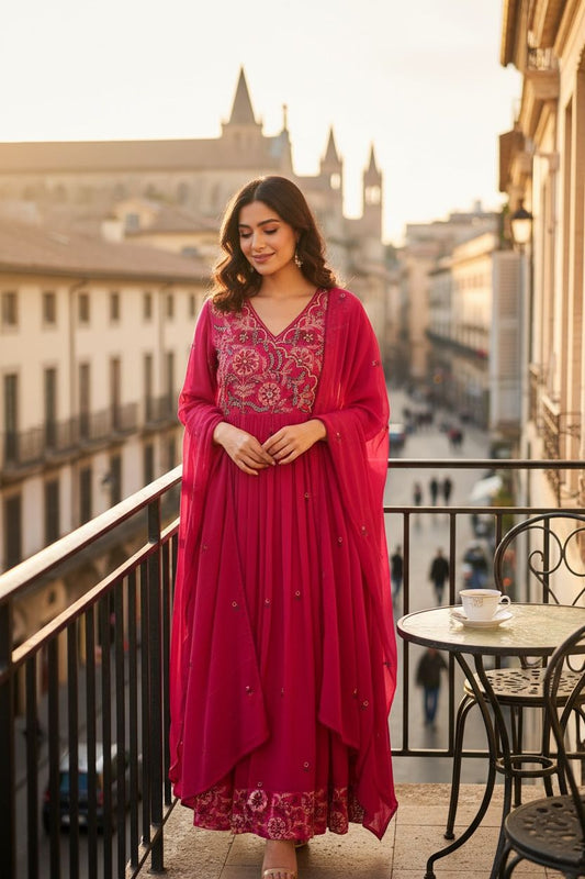 Ethereal Rani Pink Mul Cotton Anarkali Set with Elegant Dupatta