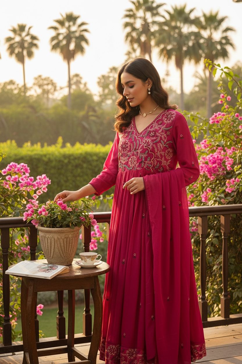 Ethereal Rani Pink Mul Cotton Anarkali Set with Elegant Dupatta
