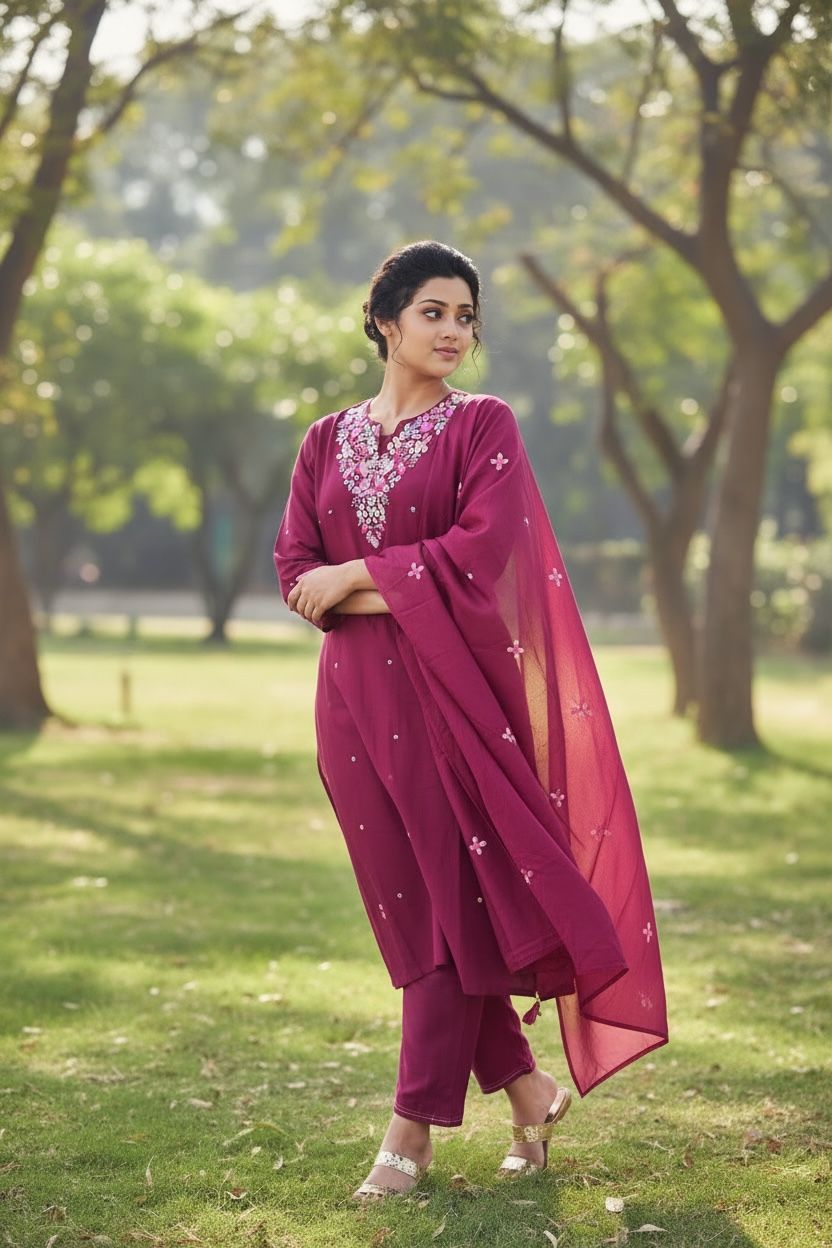 Maroon Dola Silk Salwar Set with Floral Embroidery & Sheer Dupatta
