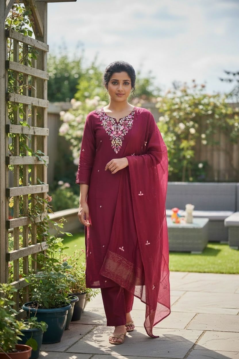 Maroon Dola Silk Salwar Set with Floral Embroidery & Sheer Dupatta