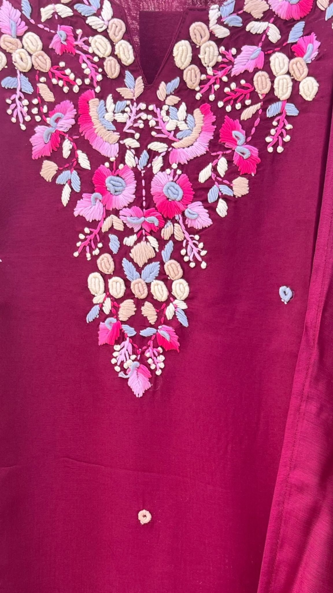 Maroon Dola Silk Salwar Set with Floral Embroidery & Sheer Dupatta