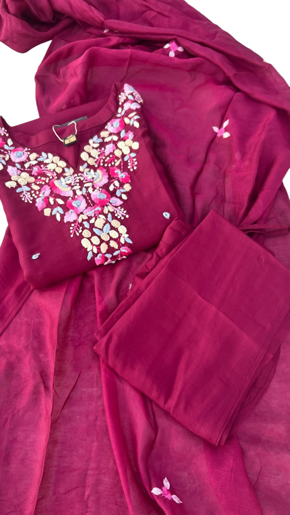Maroon Dola Silk Salwar Set with Floral Embroidery & Sheer Dupatta
