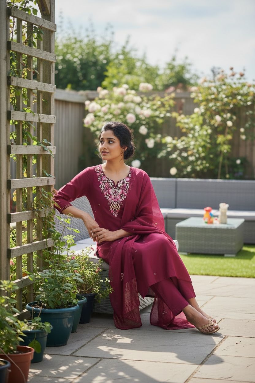 Maroon Dola Silk Salwar Set with Floral Embroidery & Sheer Dupatta