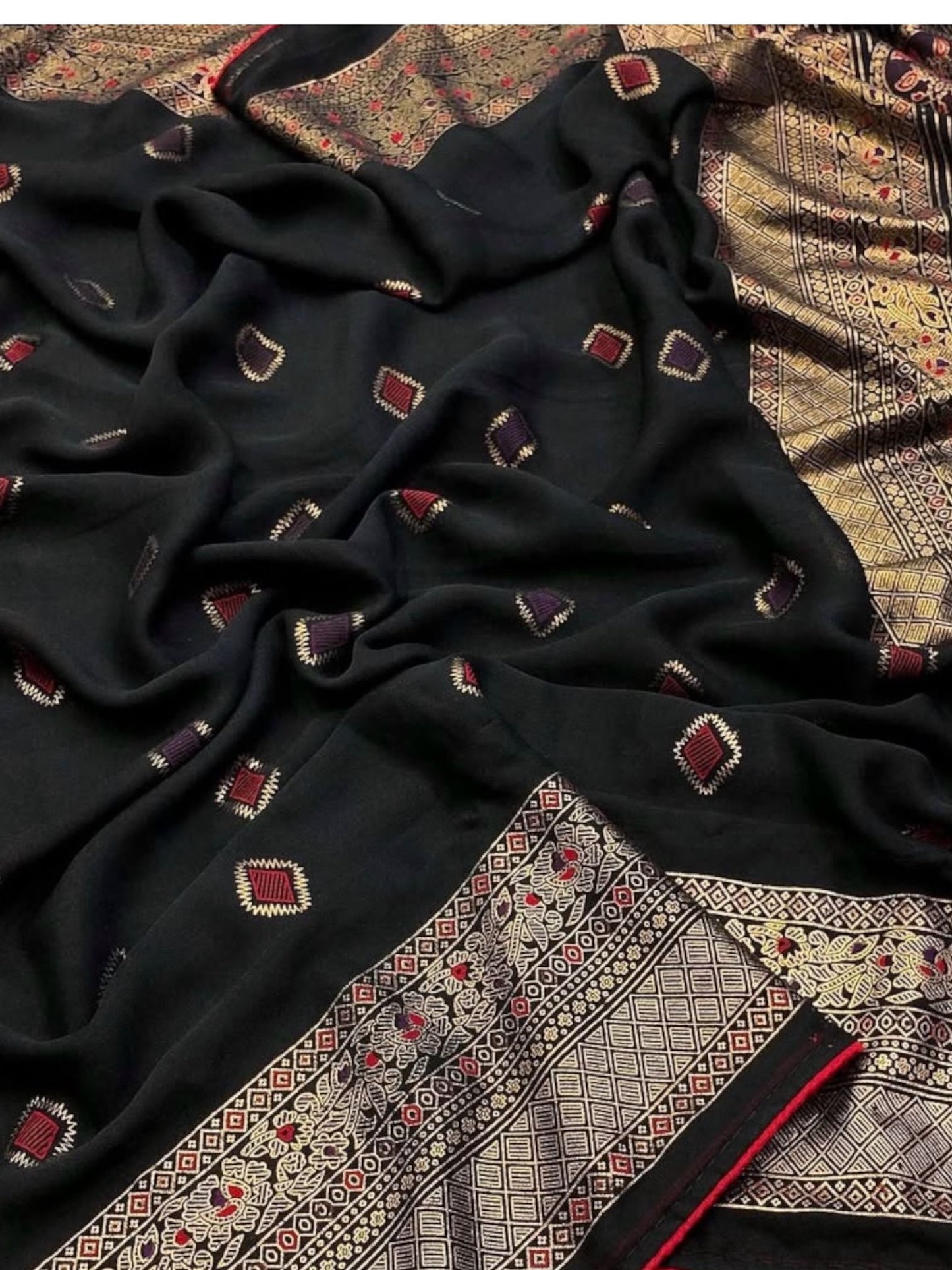 Black Dull Moss Foil Printed Saree with Contrast Piping Border