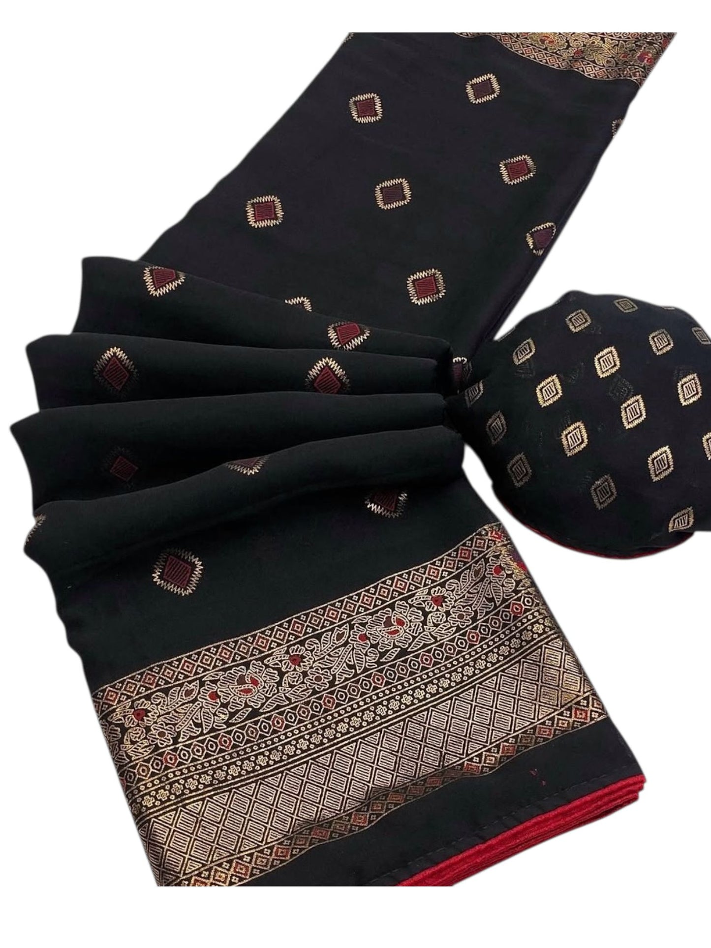 Black Dull Moss Foil Printed Saree with Contrast Piping Border
