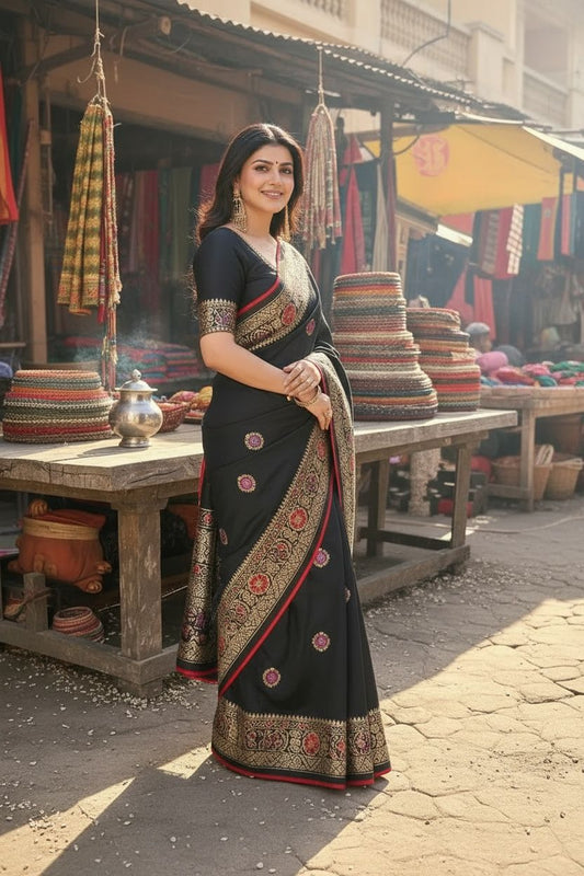 Black Dull Moss Foil Printed Saree with Contrast Piping Border
