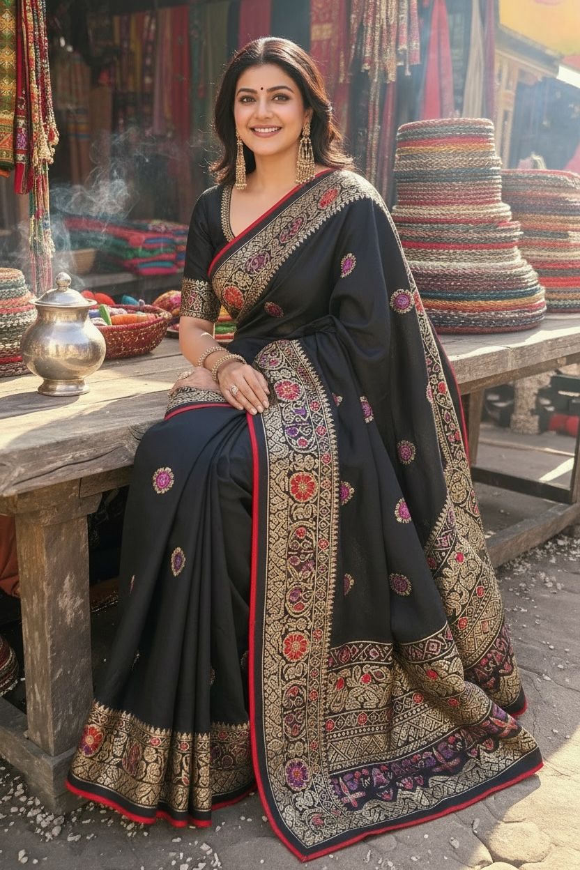 Black Dull Moss Foil Printed Saree with Contrast Piping Border