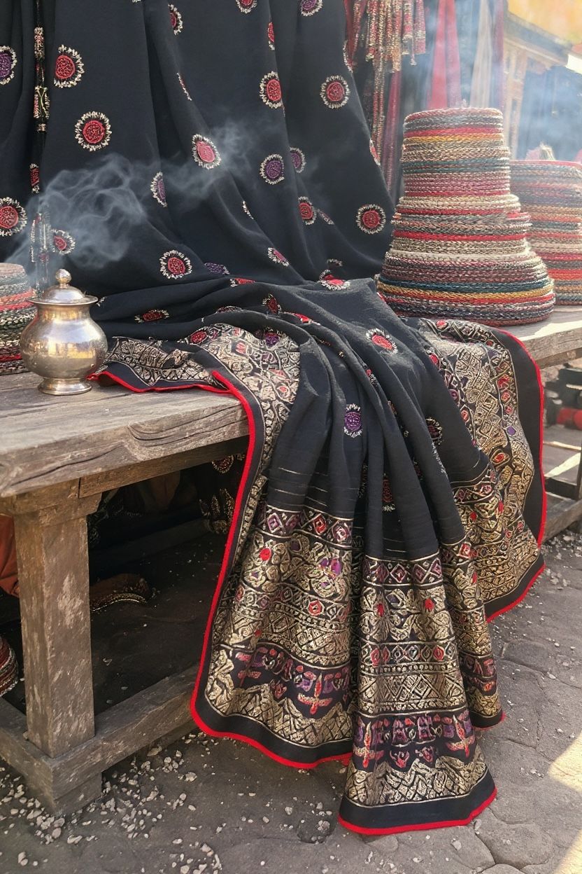 Black Dull Moss Foil Printed Saree with Contrast Piping Border