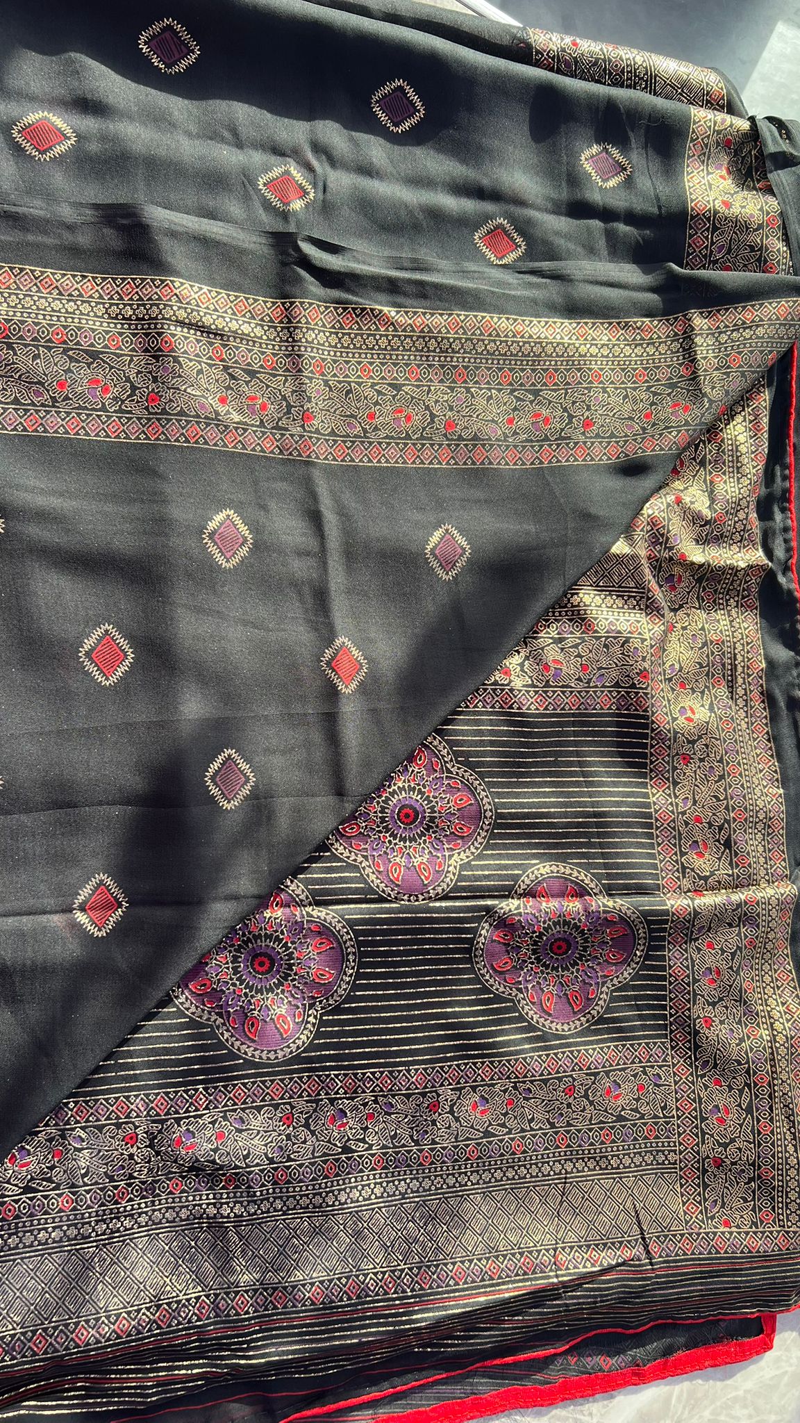 Black Dull Moss Foil Printed Saree with Contrast Piping Border