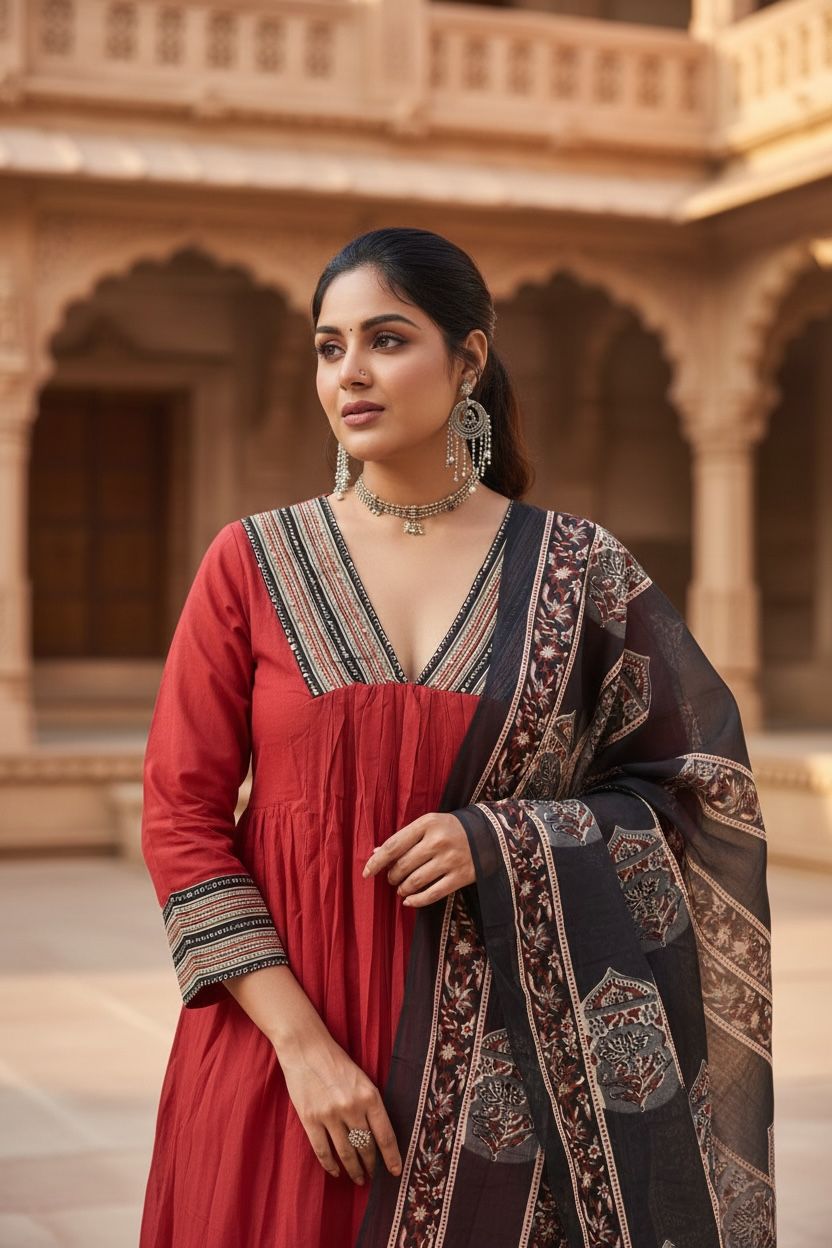 Cotton Empire Cut Salwar Set with Ajrak Print Dupatta