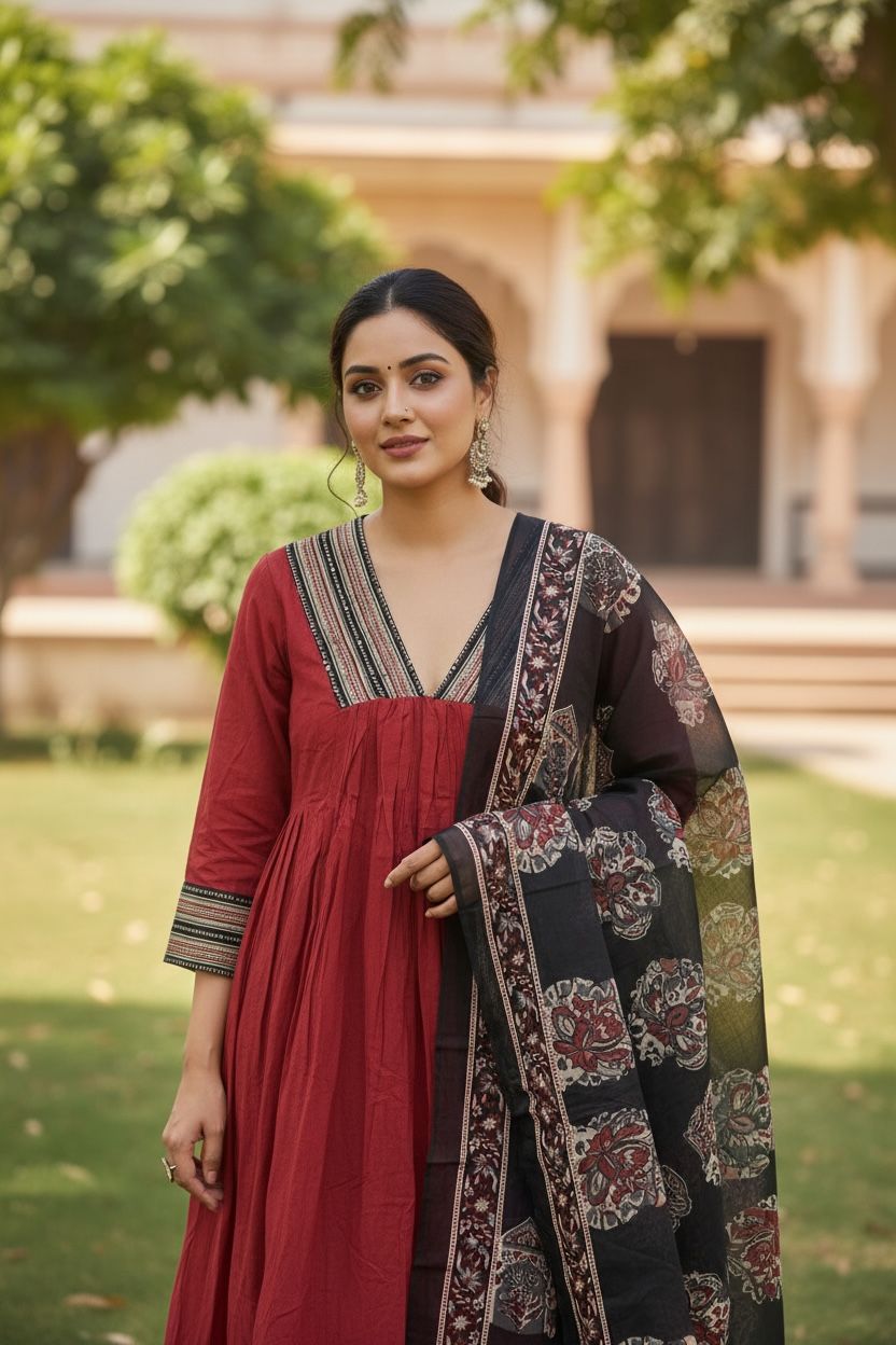 Cotton Empire Cut Salwar Set with Ajrak Print Dupatta