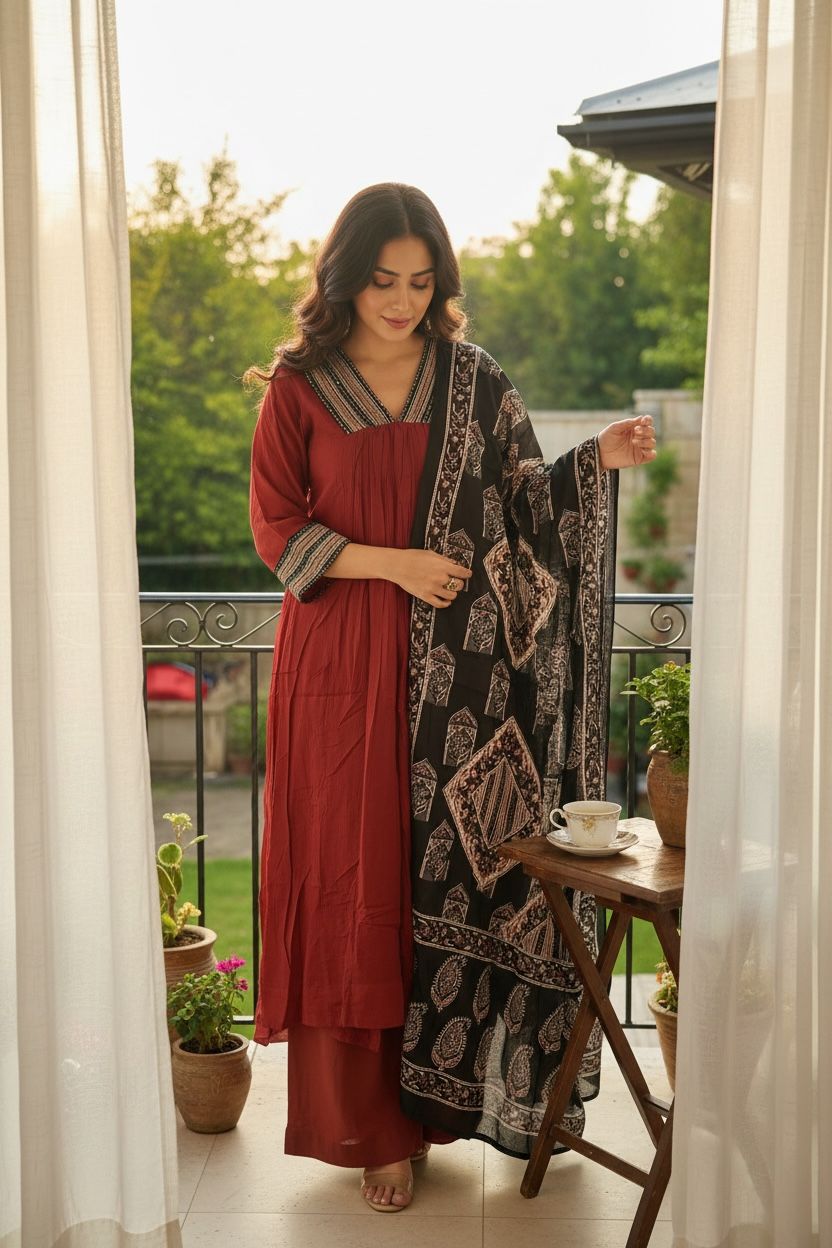 Cotton Empire Cut Salwar Set with Ajrak Print Dupatta