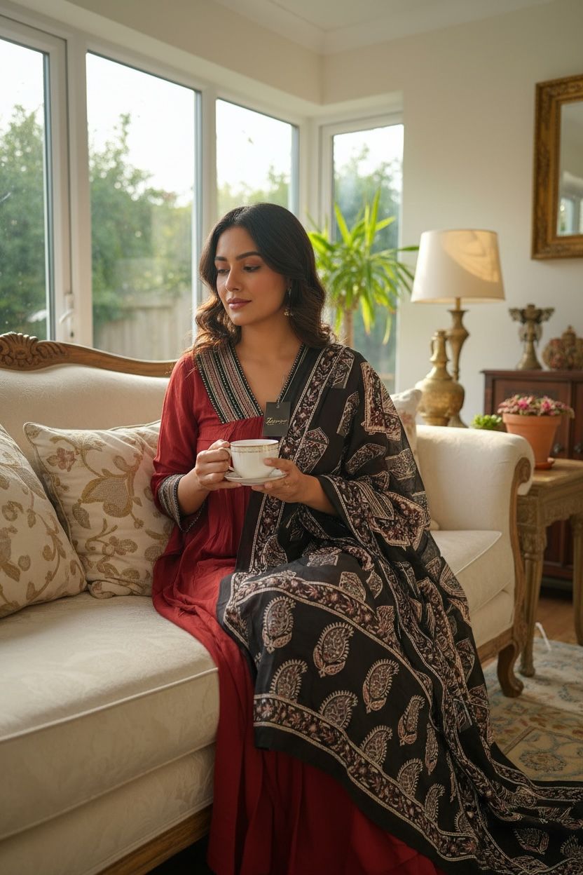 Cotton Empire Cut Salwar Set with Ajrak Print Dupatta