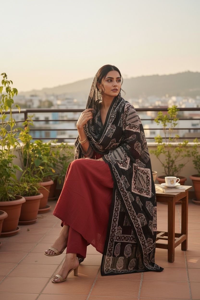 Cotton Empire Cut Salwar Set with Ajrak Print Dupatta