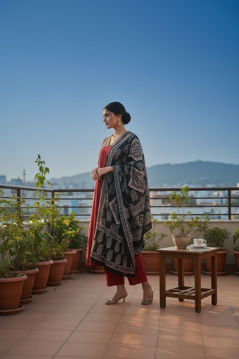 Cotton Empire Cut Salwar Set with Ajrak Print Dupatta
