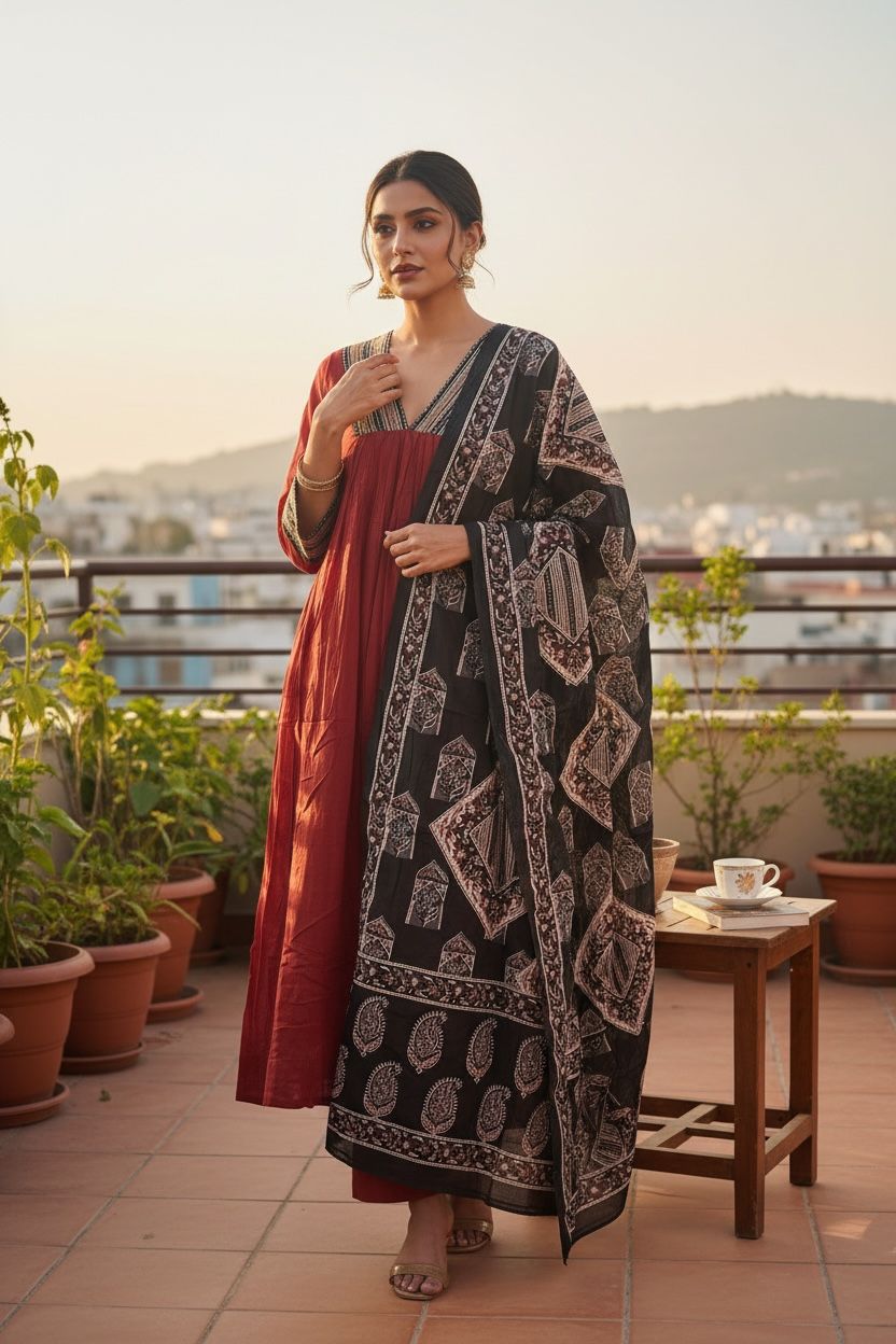 Cotton Empire Cut Salwar Set with Ajrak Print Dupatta