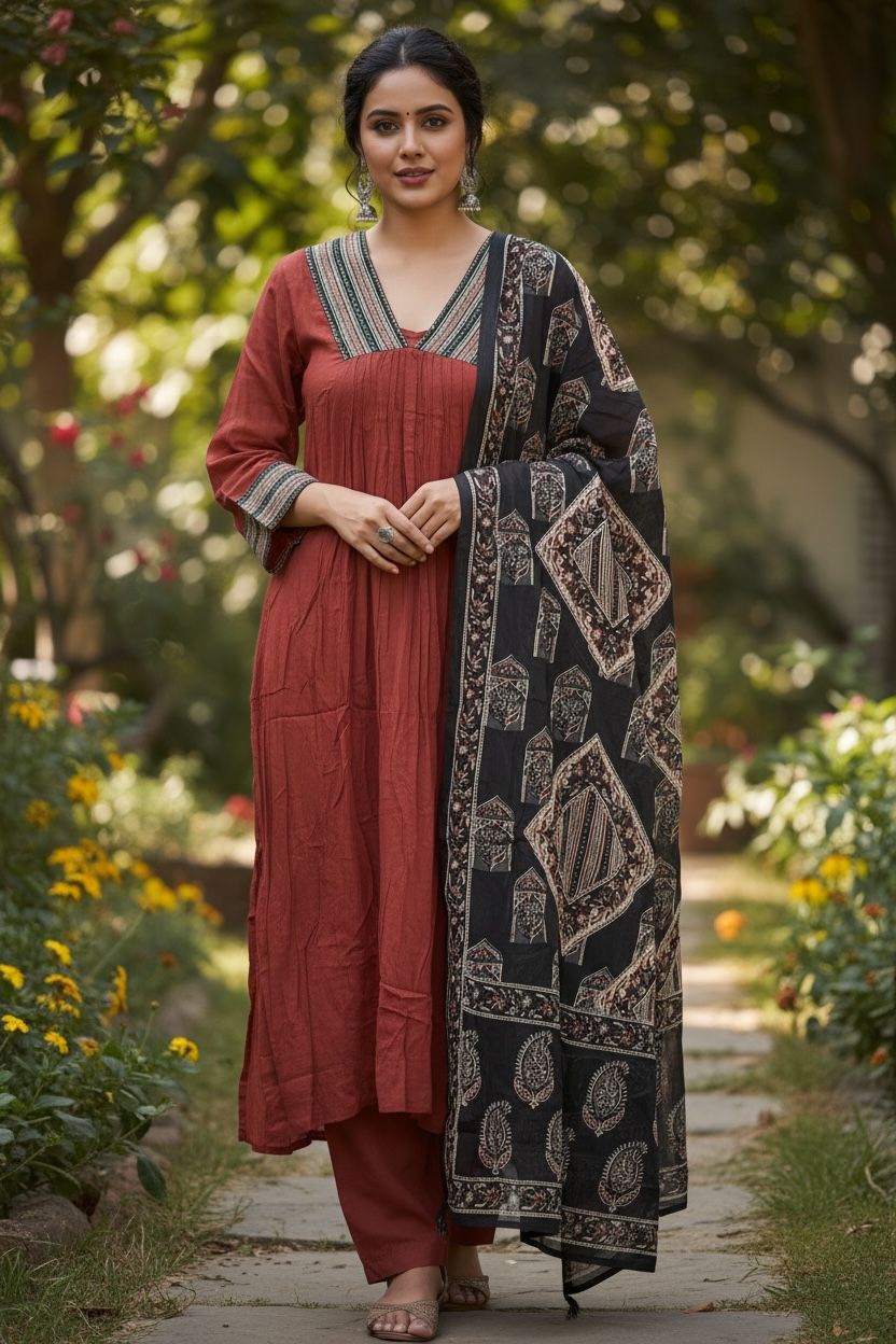 Cotton Empire Cut Salwar Set with Ajrak Print Dupatta