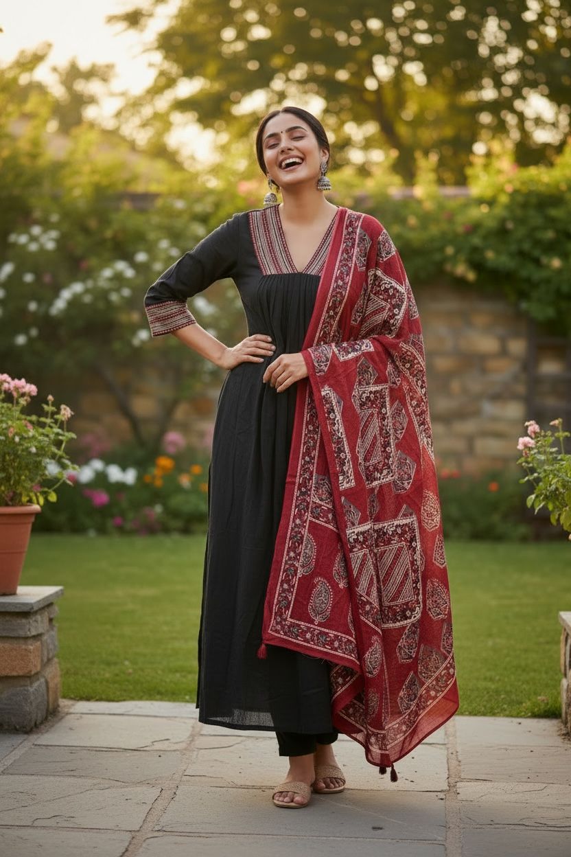 Cotton Empire Cut Salwar Set with Ajrak Print Dupatta