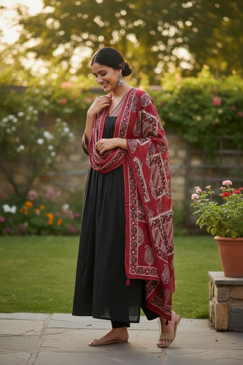 Cotton Empire Cut Salwar Set with Ajrak Print Dupatta