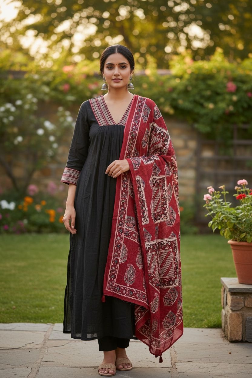 Cotton Empire Cut Salwar Set with Ajrak Print Dupatta