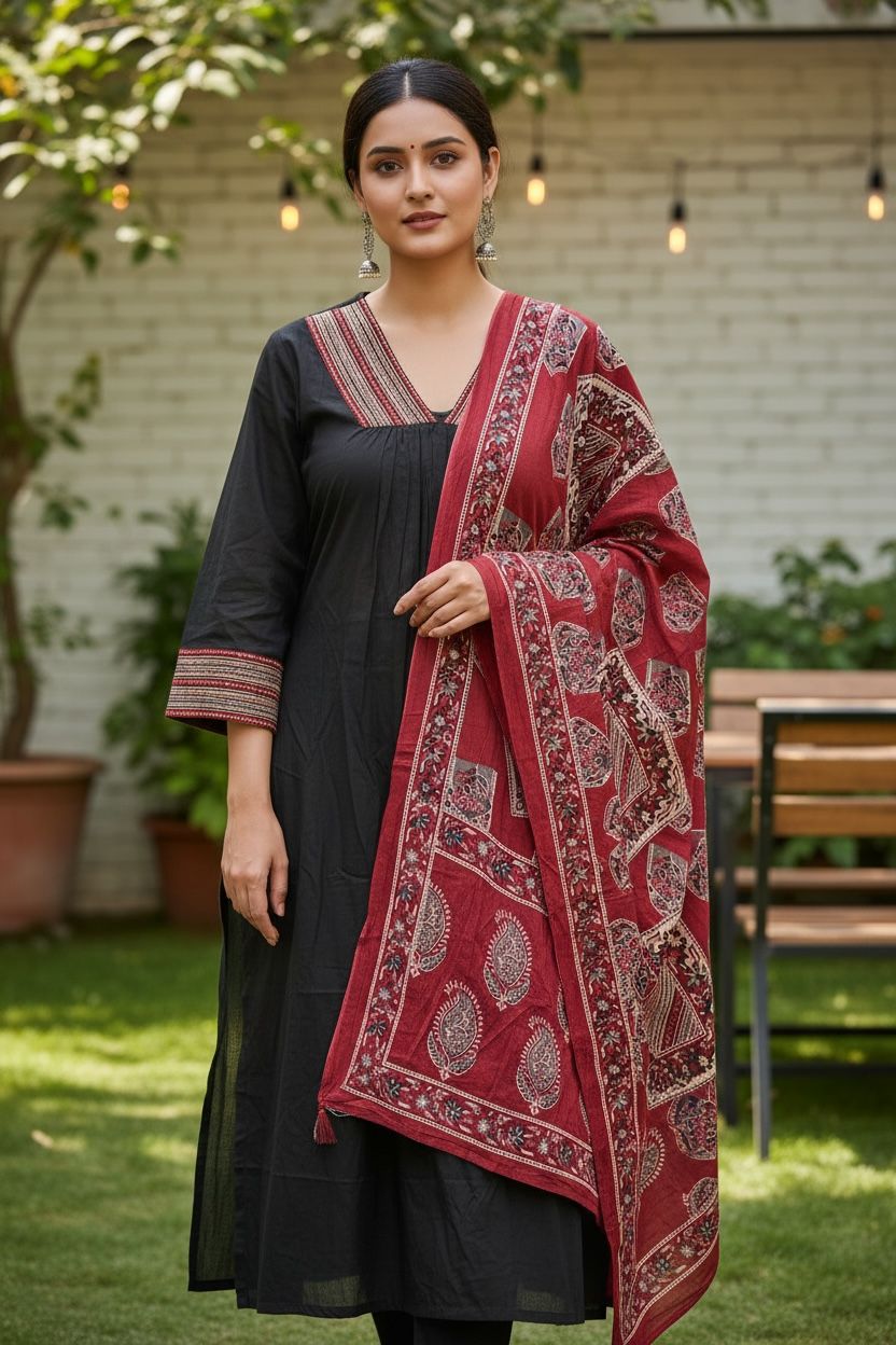 Cotton Empire Cut Salwar Set with Ajrak Print Dupatta