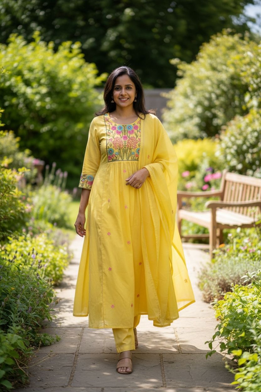 Sunshine Yellow Mul Cotton Anarkali Salwar Set with Dupatta